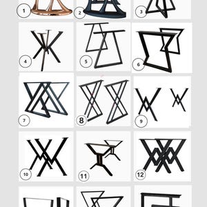 May include: A selection of table leg designs in gold and black. The image displays fifteen different styles, including geometric and sculptural forms. The text at the top says "NOTE: For table legs 1 and 2, you need to pay an extra $450."