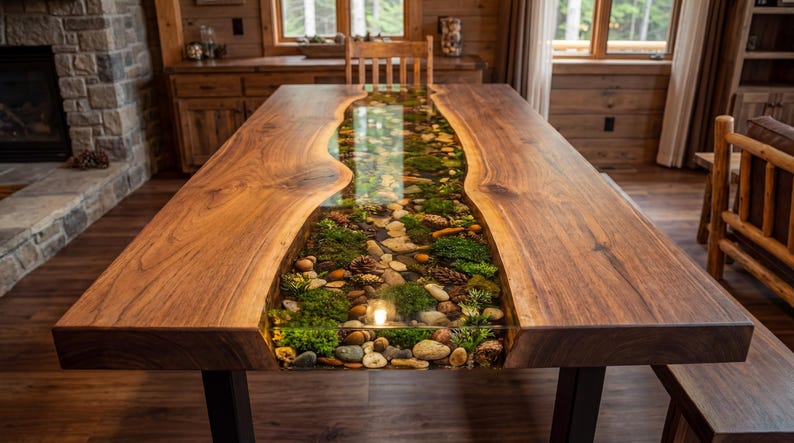 May include: A handcrafted wooden dining table with a river of clear resin filled with stones, moss, and pinecones. The table has a natural wood grain finish and black metal legs. The table is approximately 96 inches long.