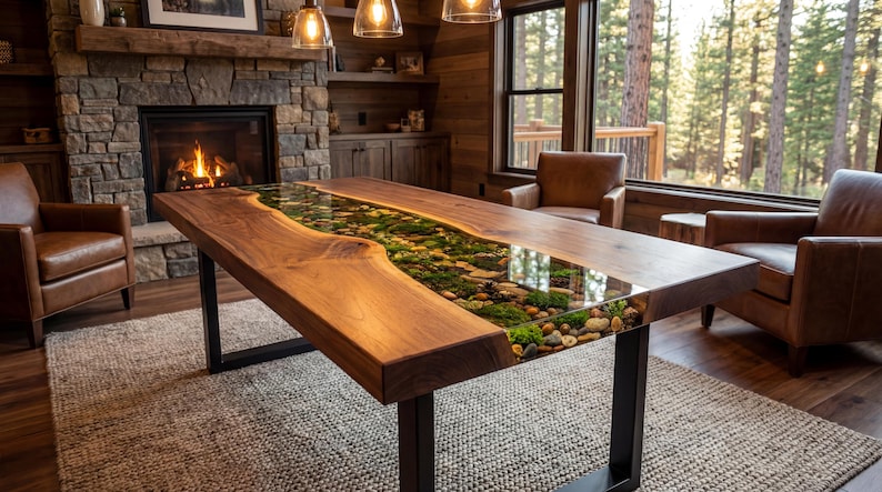 May include: A handcrafted wooden dining table with a river-like design. The center features a clear resin filled with stones, moss, and greenery. The table has a dark metal base and is set in a rustic living room.