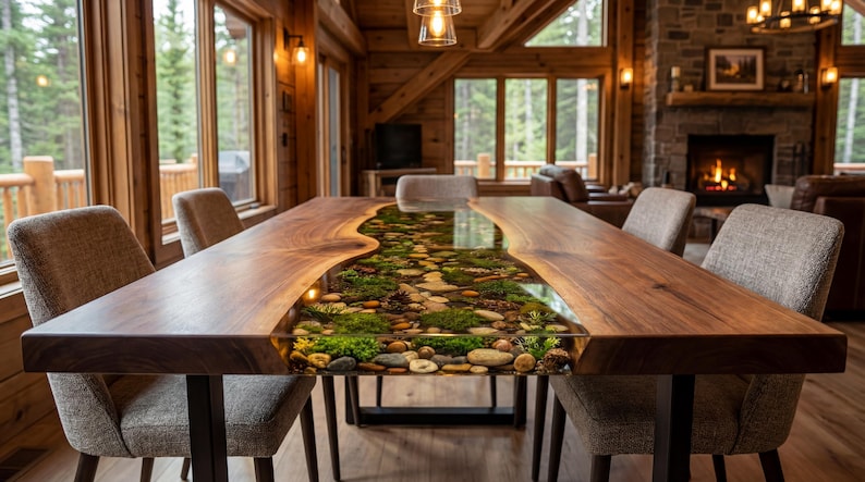 May include: A large, rectangular wooden dining table with a river of resin filled with stones and greenery. The table is surrounded by upholstered chairs in a rustic, cabin-style interior. The table is approximately 10 feet long.