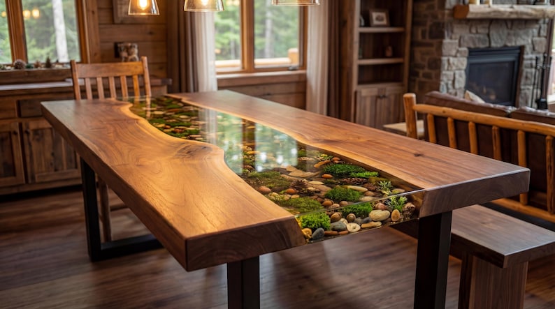 May include: A handcrafted wooden dining table with a clear epoxy resin river running through the center. The river is filled with stones, moss, and small plants. The table has a natural wood grain finish and sits on black metal legs.