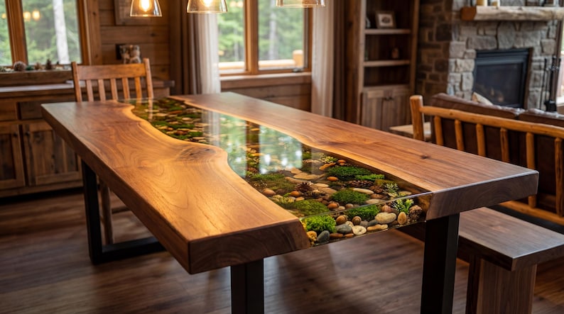 May include: A handcrafted wooden dining table with a clear resin river running through the center. The river is filled with stones, moss, and small plants. The table is supported by black metal legs and measures approximately 96 inches long.
