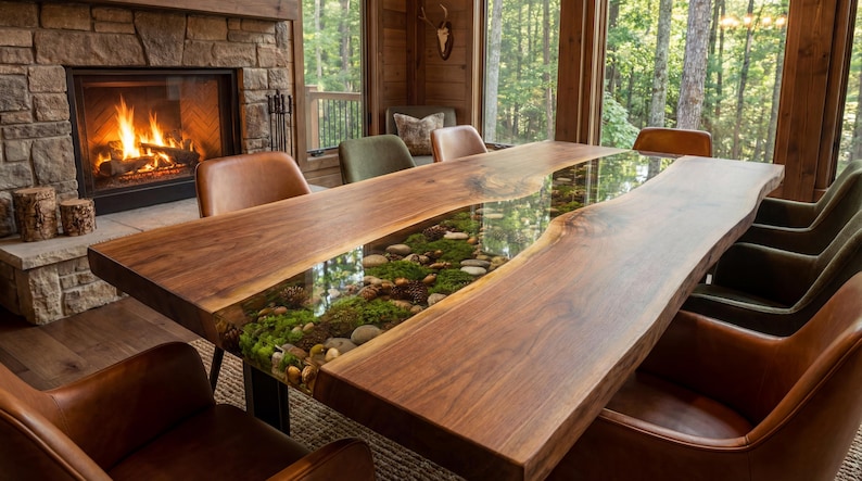 May include: A live edge dining table with a river of clear resin filled with moss, rocks, and greenery. The table is surrounded by leather and upholstered chairs. A fireplace and large windows are in the background.