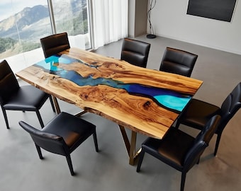 Epoxy Resin Walnut Table Blue Epoxy River Table Live Edge Walnut Dining Table, Custom Resin Furniture Coffe Table Office Desk