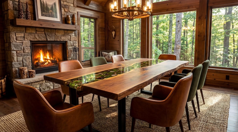 May include: A rustic dining room featuring a large wooden table with a river of green and clear resin. Surrounding the table are leather and green upholstered chairs. A stone fireplace and large windows with a forest view complete the scene.