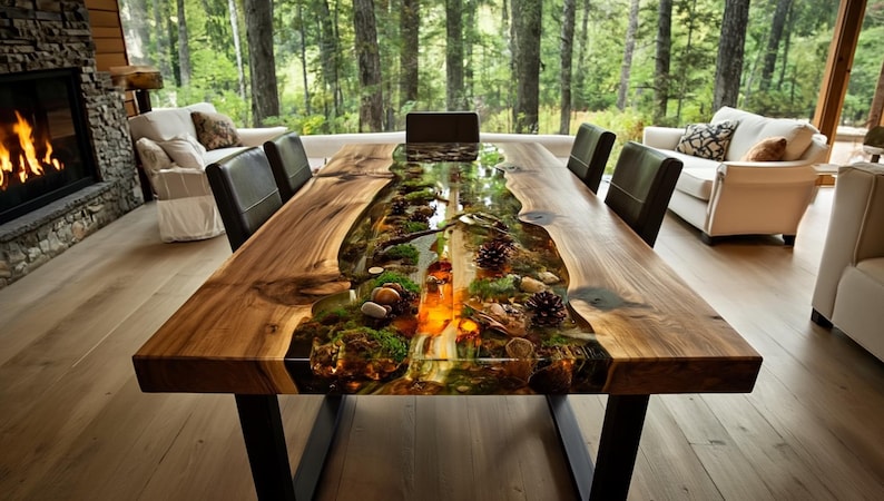 May include: A handcrafted wooden dining table with a river-like epoxy resin inlay. The table features a natural wood grain and a black metal base. The resin inlay is filled with natural elements like moss, stones, and pinecones, creating a unique centerpiece.