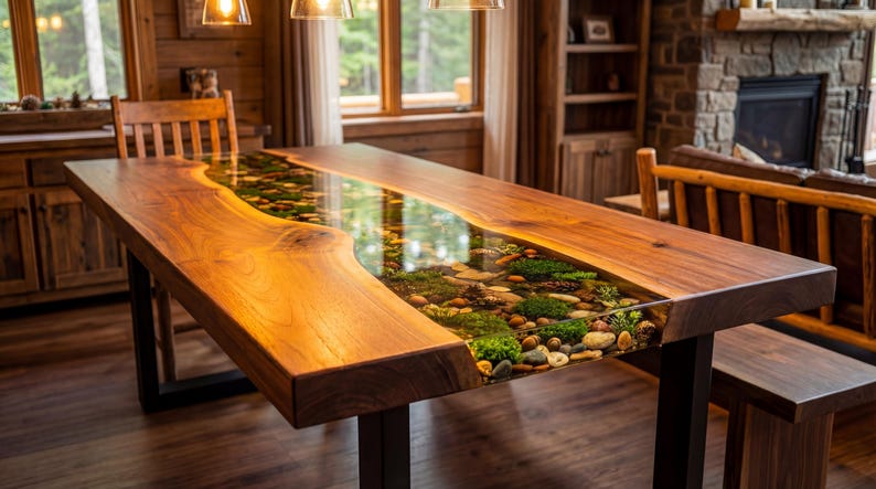 May include: A handcrafted wooden dining table with a clear epoxy river running through the center. The river is filled with stones, moss, and greenery. The table has a natural wood grain finish and black metal legs. The table is approximately 96 inches long.