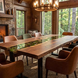 May include: A rustic dining room featuring a large wooden table with a live edge and a green resin river. Surrounding the table are leather and green upholstered chairs. A stone fireplace and large windows overlooking a forest complete the scene.