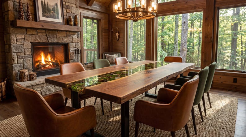 May include: A rustic dining room featuring a large wooden table with a live edge and a green resin river. Surrounding the table are leather and green upholstered chairs. A stone fireplace and large windows overlooking a forest complete the scene.