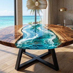 Könnte beinhalten: Ein runder Esstisch aus Holz mit einem einzigartigen Design. Der Tisch hat einen Fluss aus blauem Harz, der durch die Mitte fließt und von Naturholz umrahmt wird. Er hat ein schwarzes Metallgestell und steht in einem hellen Raum mit Meerblick.