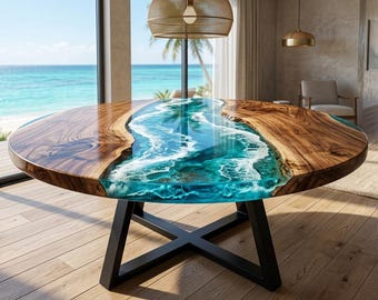 Luxuriöser Runder Ozean Epoxidharz Couchtisch, Walnuss Resin River Tisch, Türkiser Wellen Wohnzimmertisch, Strandhaus Möbel, Handgefertigte