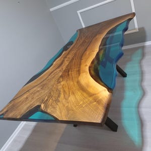 Live Edge Olive Wood River Table: Custom Epoxy Resin Dining Table