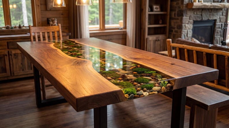 May include: A handcrafted wooden dining table with a clear resin river running through the center. The river is filled with stones, moss, and small plants. The table is supported by black metal legs and measures approximately 96 inches long.