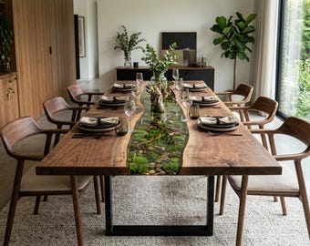 Forest Moss and Pebble Stone Epoxy Resin Dining Table Kitchen Table Coffe Table Handmade Walnut Wood Epoxy River Table Custom Order LiveEgde