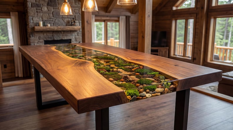 May include: A handcrafted wooden table with a river-like design. The table features a clear resin center filled with stones, moss, and greenery. The table is supported by black metal legs and is in a rustic setting.