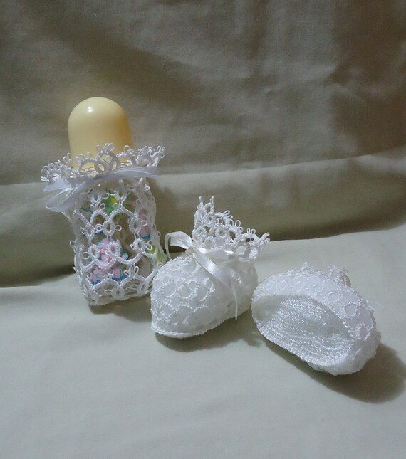 Items similar to Lace booties and bottle set, christening, baptism