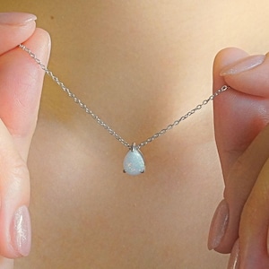 Silver Opal Necklace, Personalized Silver Gold Opal Gemstone Necklace, Elegant Opal Teardrop Birthstone Minimalist Jewelry Gift for Her