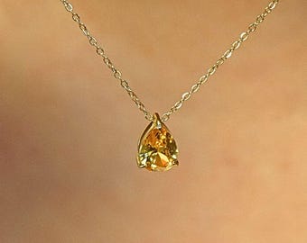 Citrine Birthstone Necklace | Teardrop Gemstone Necklace | Elegant Birthstone Gold Minimalist Personalized Jewelry Birthday Gift Her