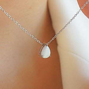Silver Opal Necklace, Personalized Silver Gold Opal Gemstone Necklace, Elegant Opal Teardrop Birthstone Minimalist Jewelry Gift for Her