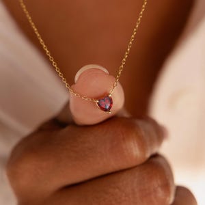 Personalized Gemstone Necklace, Custom Heart Gemstone Gold Chain Elegant Birthstone Necklace Minimalist Everyday Jewelry Birthday Mom Gift