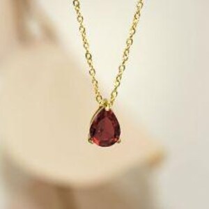 May include: A gold-colored necklace with a delicate chain and a teardrop-shaped, deep red gemstone pendant. The pendant is the focal point, suspended gracefully against a soft, blurred background. Jewelry.