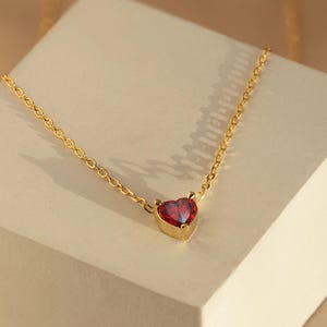 Garnet Gemstone Necklace, Heart Gemstone Gold Chain Elegant January Birthstone Personalized Minimalist Everyday Jewelry Birthday Mom Gift