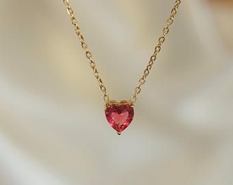 Ruby Heart Necklace, July Birthstone Pendant, Personalized 14K Gold Gemstone Chain, Dainty Birthday Gift for Her, Mom Wife Anniversary