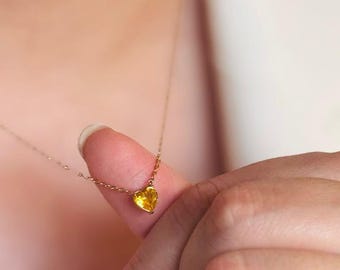Citrine Gemstone Necklace, Yellow Heart Gemstone Jewelry, Custom November Birthstone Gold Necklace, Heart Gemstone Birthday Wedding Gift Her