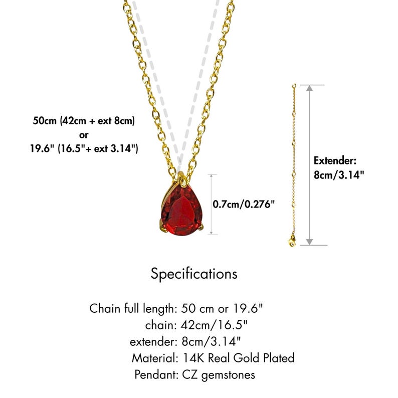 May include: A gold-plated necklace with a teardrop-shaped, red CZ gemstone pendant. The chain is 19.6 inches long, with a 3.14-inch extender. The pendant is 0.276 inches wide. The image includes the specifications of the necklace.