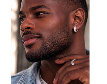 QueenBee Silver Double Row Sparkling Zirconia Hoop Earrings for Men, Gold Male Huggie Hoops, Birthday Father's Day Jewelry Gift For Him