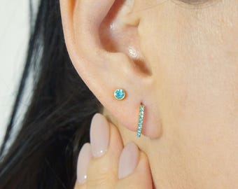 Aquamarine Earrings by QueenBee, Personalized Birthstone Studs Hoop Set Dainty Elegant Huggie Hoops Birthday Wedding Bridesmaid Holiday Gift