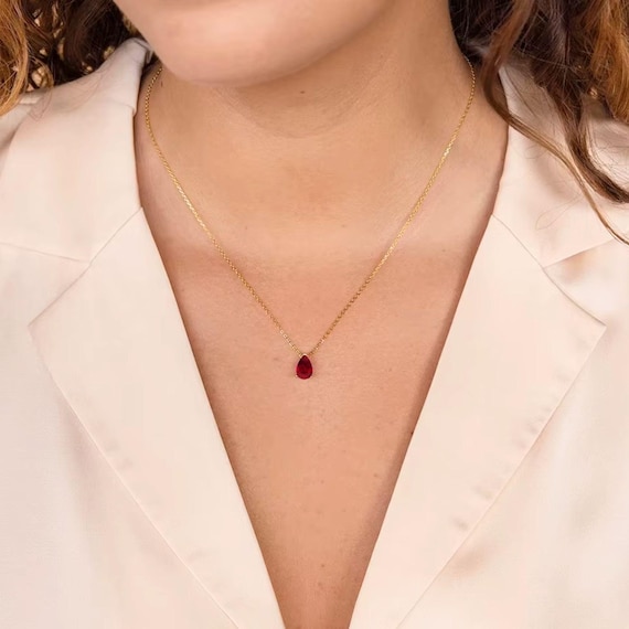 Garnet Birthstone Necklace, 14K Gold January Gemstone Pendant, Dainty Red Teardrop Jewelry, Personalized Birthday Gift for Her