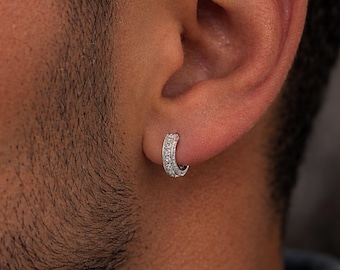 QueenBee Silver Iced Out Sparkling Zirconia Hoop Earrings for Men, 14K Gold Hip Hop Male Custom Huggie Hoops Birthday Father's Day Jewelry