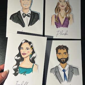 Individuell illustrierte Tischkarten, Handgezeichnete Portraits von Gästen, Hochzeits- und Event-Platzkarten und Andenken