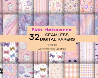 Pink Halloween Digital Papers, Cute Seamless Patterns for Scrapbooking, Printable Backgrounds, Instant Download