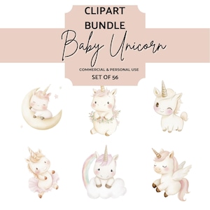 Clipart de acuarela de unicornio bebé, descarga digital de unicornio arcoíris para decoraciones de fiesta de cumpleaños, clipart de uso comercial