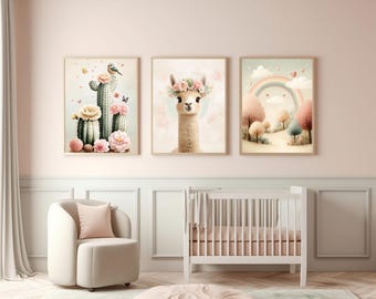 Llama Nursery Wall Art Set: Boho Rainbow Cactus Prints (Digital Download