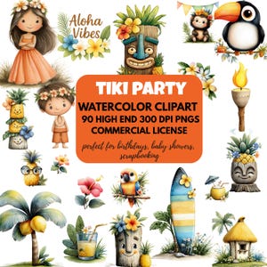 Watercolor Tiki Party Clipart: Luau Designs (Digital Download)