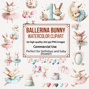 Aquarell Hase Ballerina Clipart Bundle - Niedliches Kaninchen Art für Babypartys - Niedliche Kaninchen für Kinderpartys - Kommerzielle Nutzung
