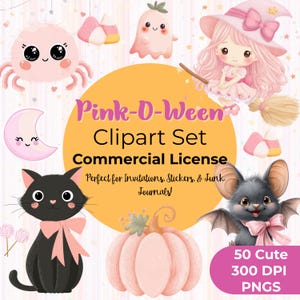 Pink Halloween Clipart, Cute Ghosts, Pink Pumpkins, Kawaii Party Decor, Digital Download, Halloween Graphics