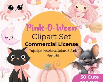 Pink Halloween Clipart, Cute Ghosts, Pink Pumpkins, Kawaii Party Decor, Digital Download, Halloween Graphics