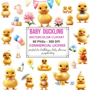 Duckling Clipart, Cute Watercolor Ducks, Digital Download for Baby Shower, Nursery Decor, Commercial Use, Birthday Party