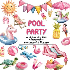 Pool Party Watercolor Clipart: Summer Fun, Flamingo, Ice Cream (Commercial Use)