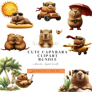 Lindo paquete de imágenes prediseñadas de capibara: ilustraciones de animales kawaii: PNG divertidos para manualidades: imágenes prediseñadas de capibara en acuarela: paquete de capibara kawaii