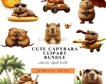 Cute Capybara Clipart Bundle - Kawaii Animal Illustrations - Funny PNGs for Crafts - Watercolor Capybara Clipart - Kawaii Capybara Bundle