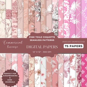 Pink Toile Digital Paper: French Floral Scrapbooking Designs (Digital Download)