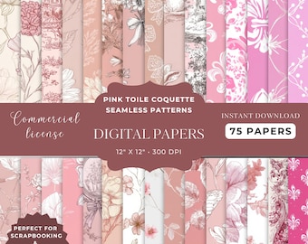 Pink Toile Digital Paper: French Floral Scrapbooking Designs (Digital Download)