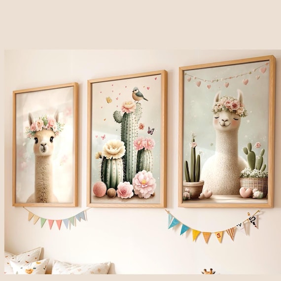 Llama Nursery Wall Art Set: Boho Cactus Prints (digital Download
