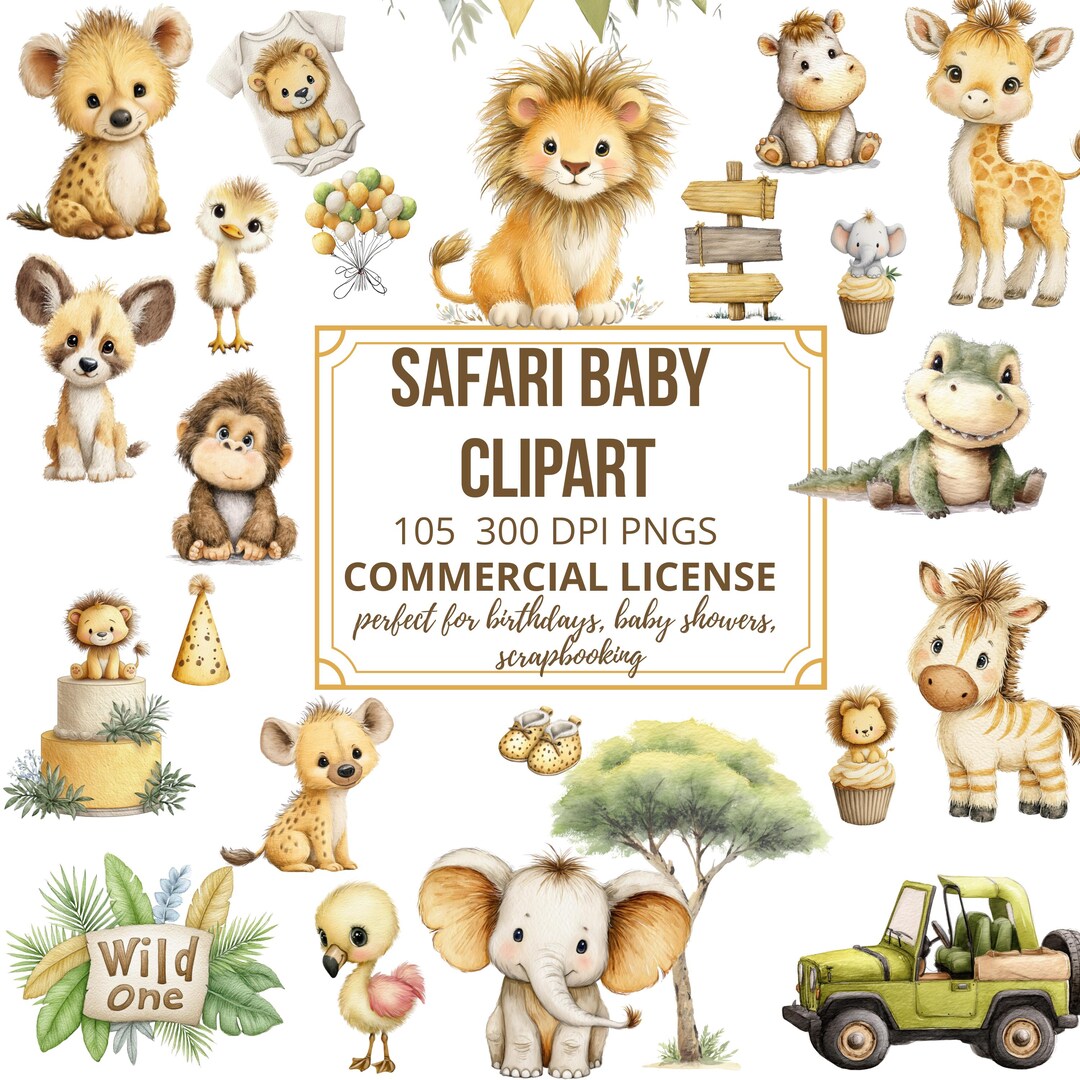 Watercolor Safari Animal Clipart: Jungle Baby Animals PNG (digital ...