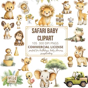 Clipart animaux Safari, aquarelle animaux de la jungle, mignons bébés animaux PNG, Art pour chambre d'enfant, téléchargement numérique